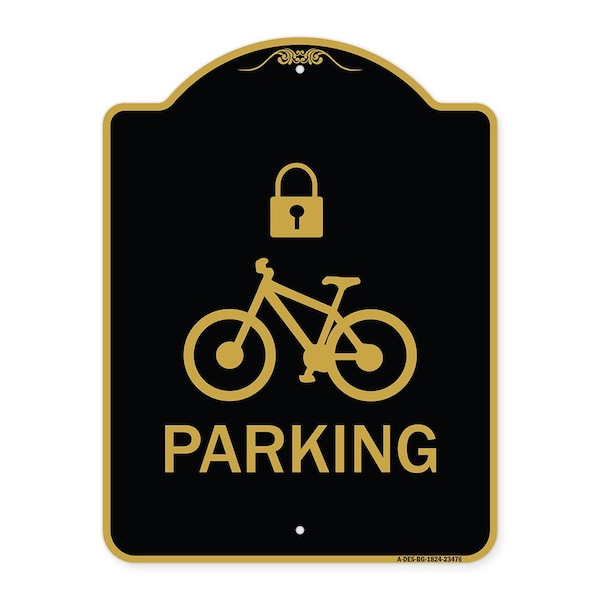 Parking With Cycle and Lock, Black & Gold Aluminum Architectural Sign, 18" x 24", BG-1824-23476